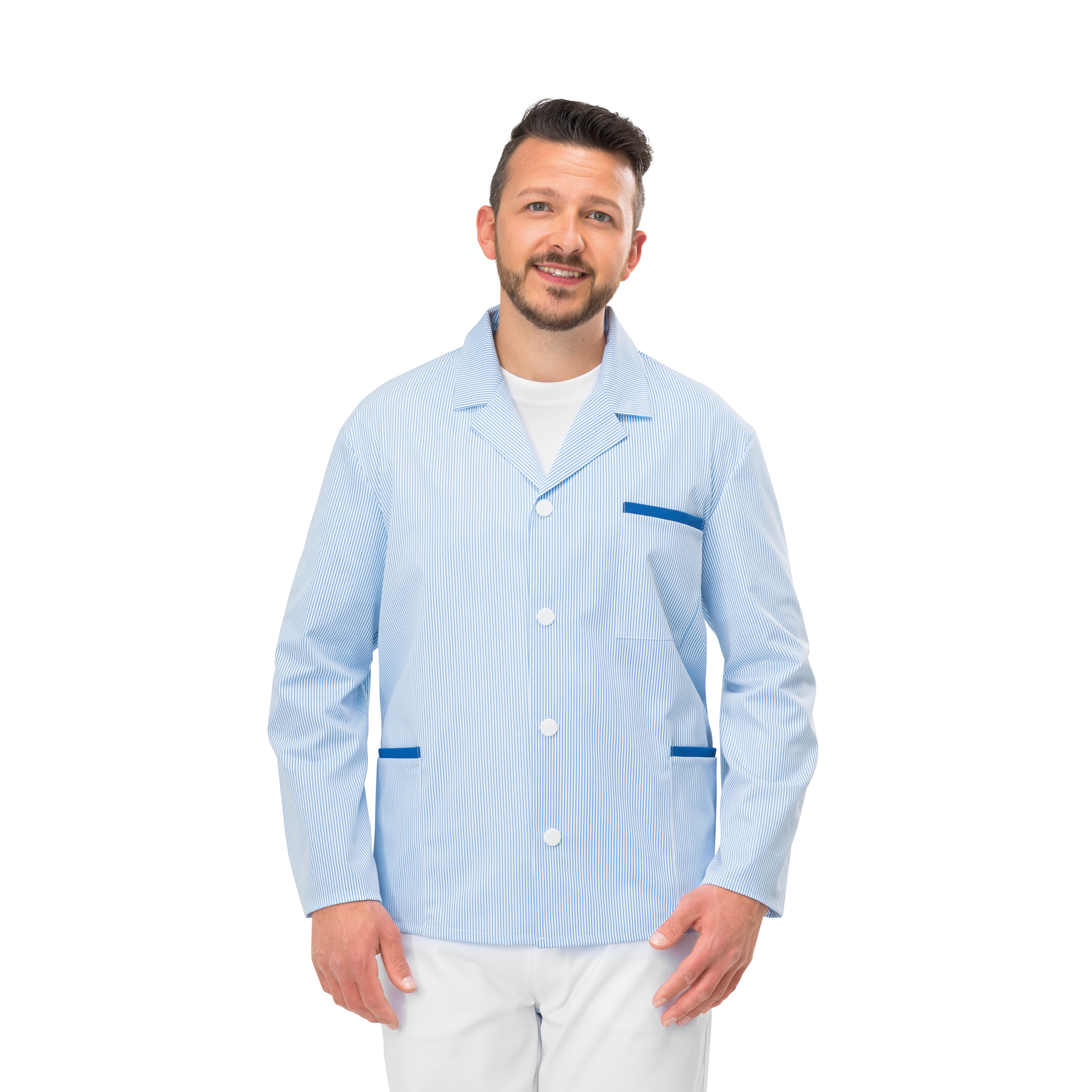 Fleischerjacke 'Klaus', halbarm-Blau-Weiß Gr. 52