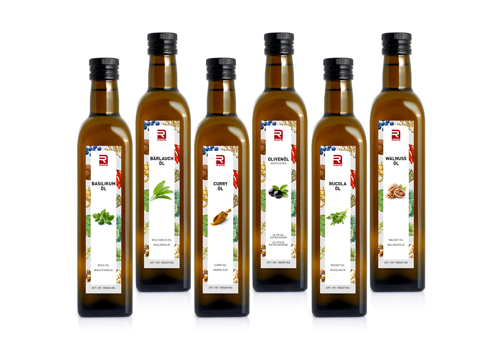 MISCHKARTON ÖL 6 X 500ML (BASILIKUM-, BÄRLAUCH-, CURRY-, OLIVEN-, RUCOLA-, WALNUSSÖL)