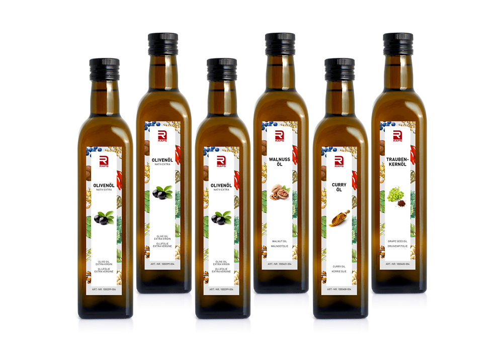 MISCHKARTON ÖL 6 X 500ML (3 X OLIVENÖL, 1 X WALNUSSÖL, 1 X CURRYÖL, 1 X TRAUBENKERNÖL)