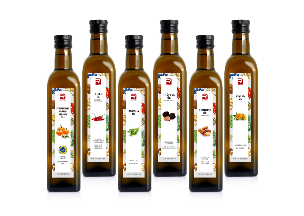 PREMIUM MISCHKARTON ÖL 6 X 500ML (STEIRISCHES KÜRBISKERN-, CHILI-, RUCOLA-, TRÜFFEL-, ERDNUSS-, DISTELÖL)