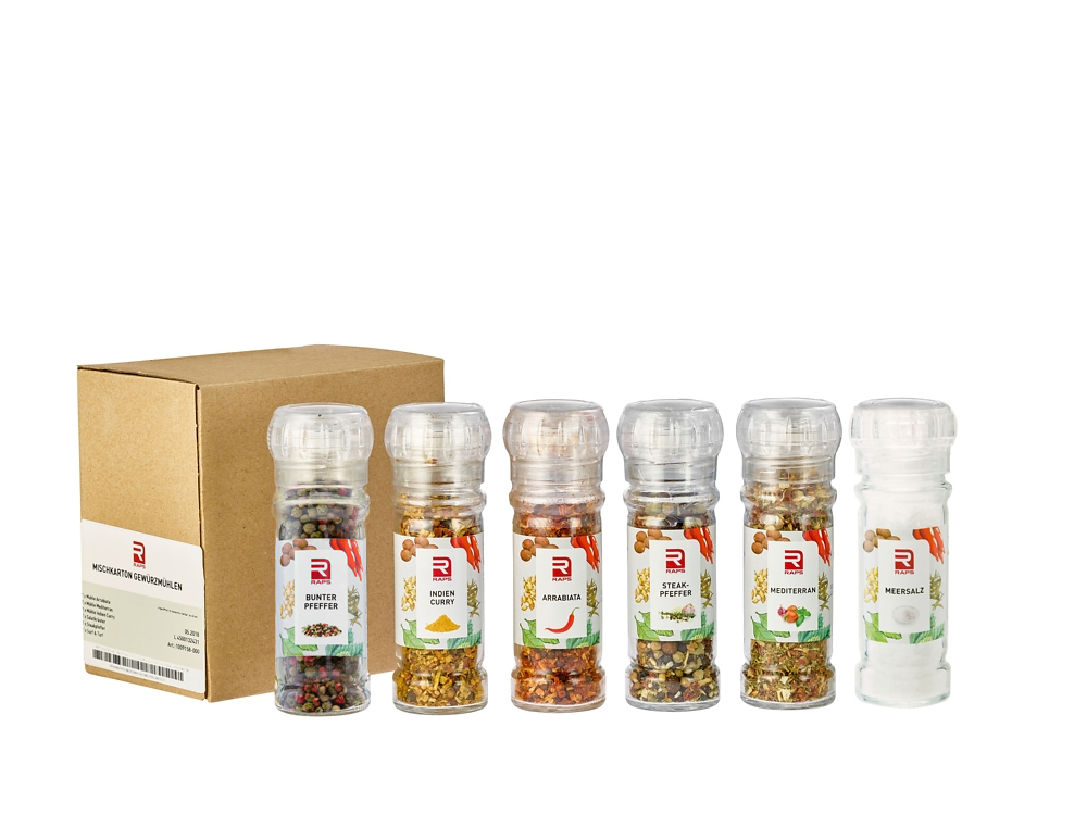MISCHKARTON GEWÜRZMÜHLEN 1 x 1693055-001 Arrabiata 1 x 1693054-002 Mediterran 1 x 1693053-002 Indien Curry 1 x 1696141-002 Salatkräuter 1 x 1696130-002 Steakpfeffer 1 x 1093625-001 Meersalz